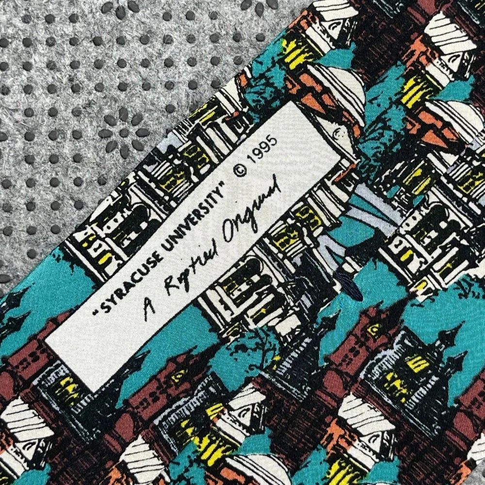 Vintage 1995 Syracuse University Silk Tie Architecture Crouse College Print Teal